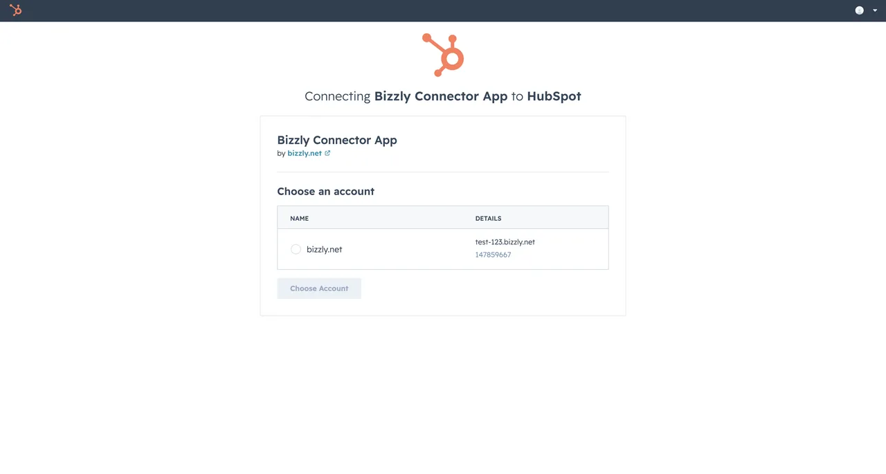 HubSpot account selection screen — select the portal you want to connect