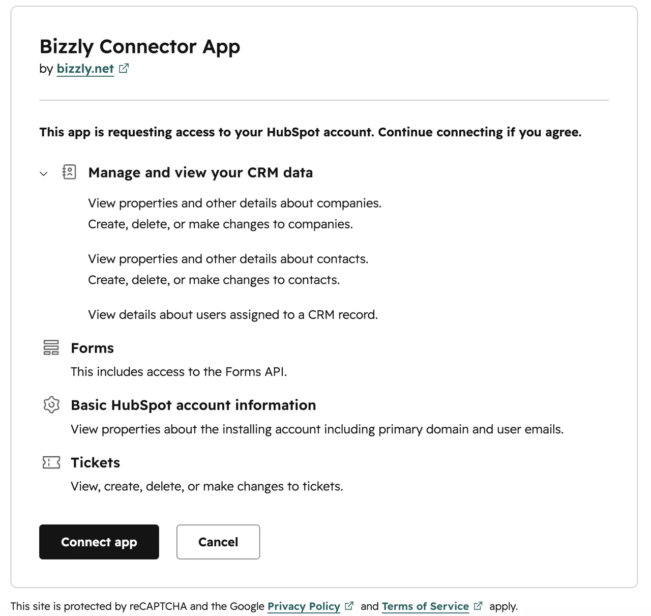 HubSpot OAuth consent screen showing permission scopes