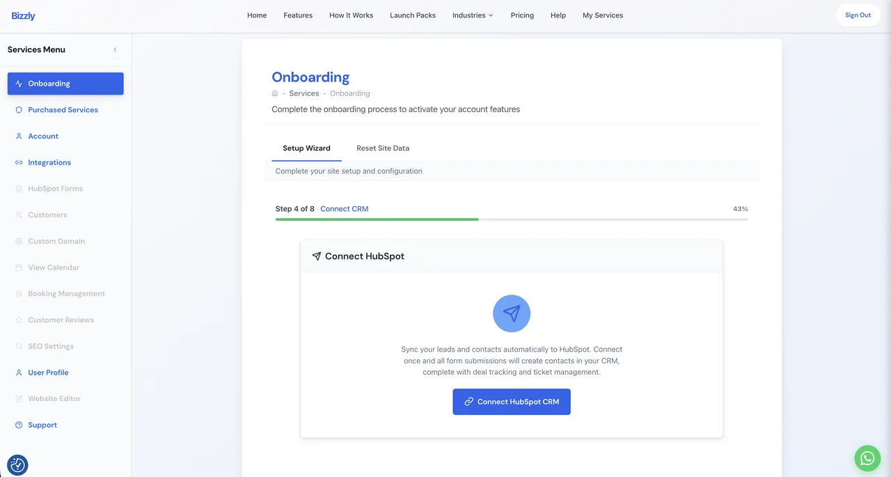 Step 3 of the onboarding wizard — Connect HubSpot CRM button