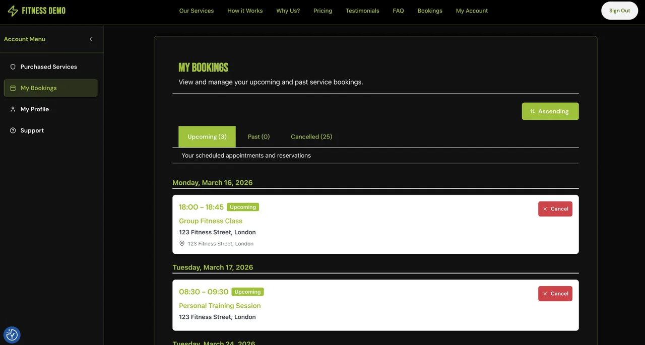 Customer portal showing subscription billing, session packs, and payment history